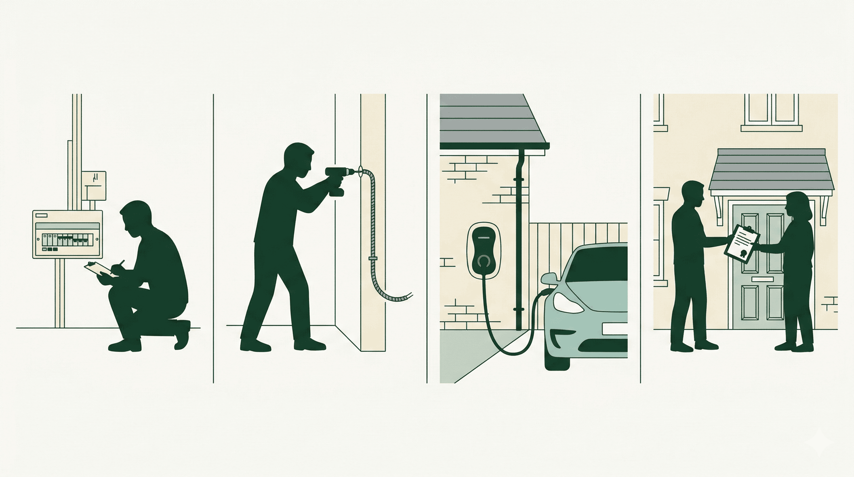 Four-panel illustration of the EV charger installation process: site survey, cable run, charger mounting, and certification handover