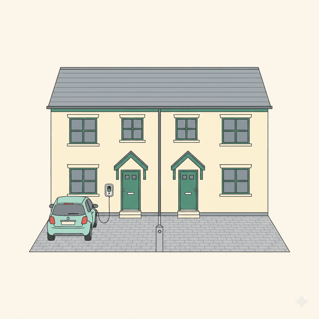 Semi-detached houses sharing a driveway with EV charger on one side