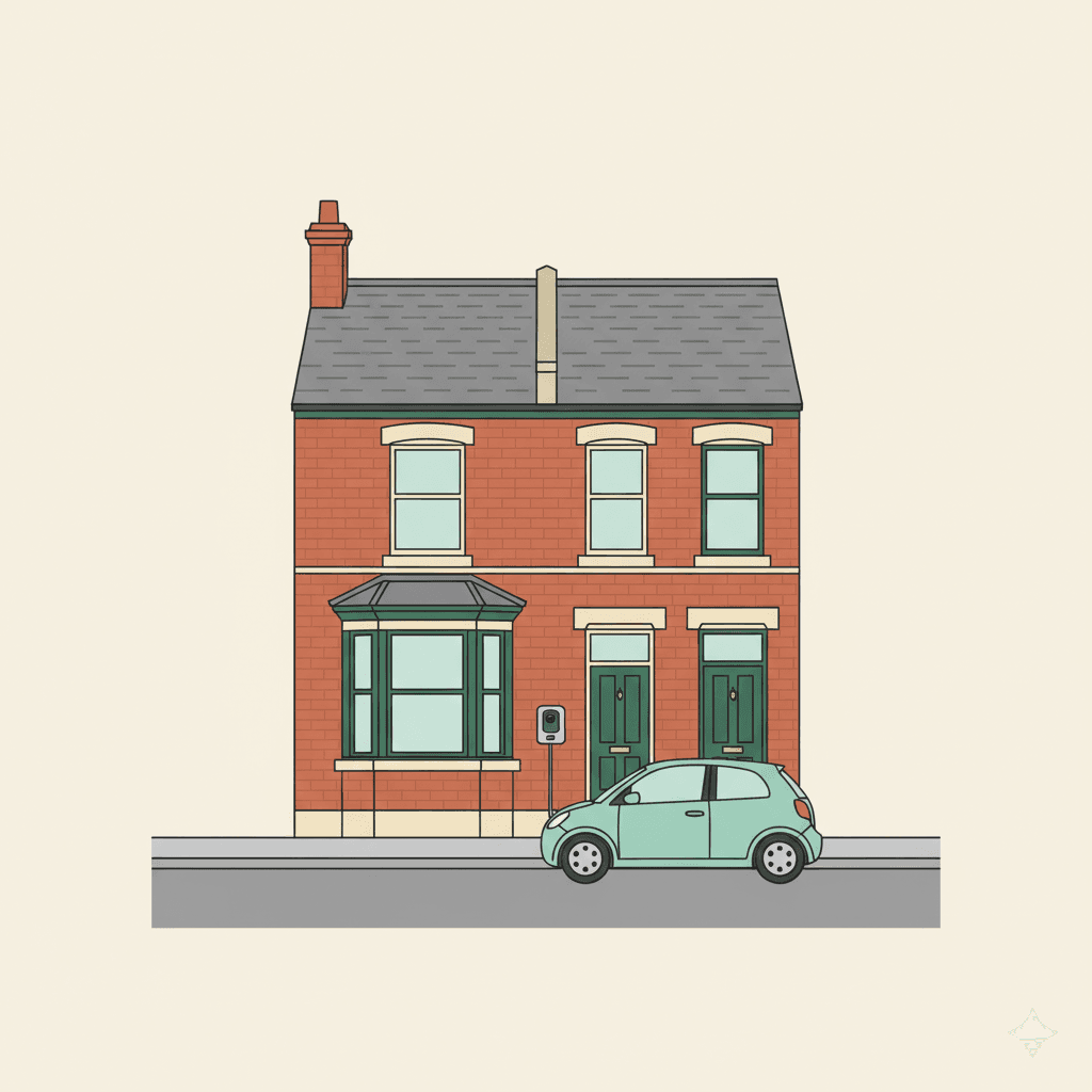 Victorian terrace house with wall-mounted EV charger and car parked on street